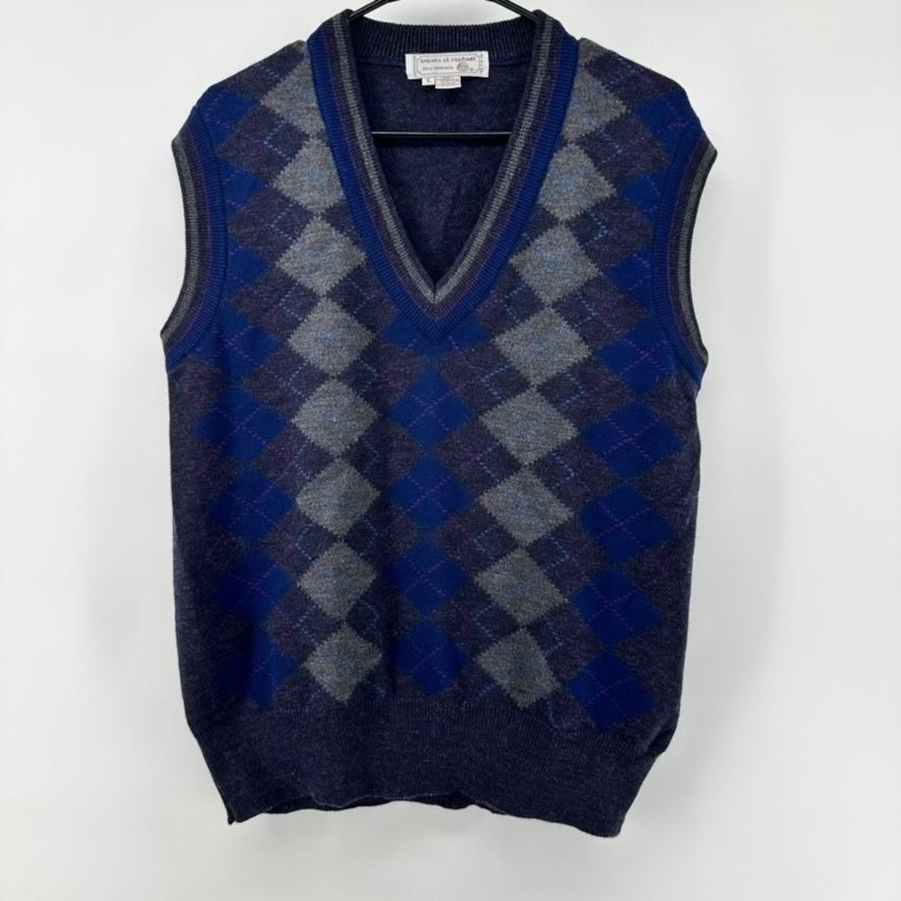 Tricots St. Raphael Sweater Vest Mens Large Blue Argyle 100% Wool V Neck